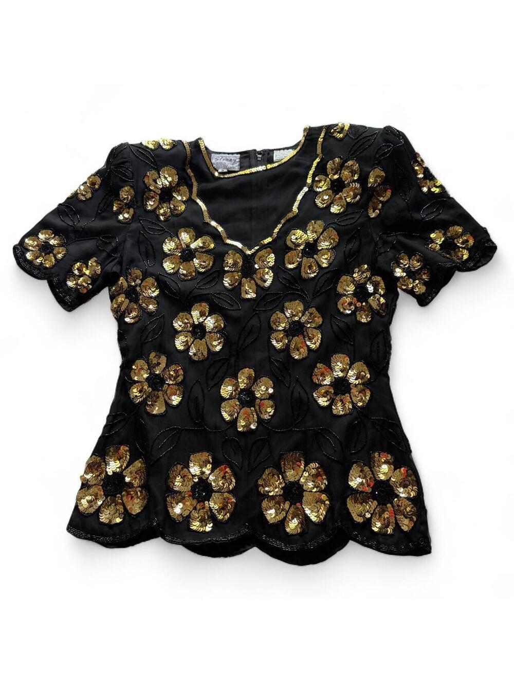 Vintage 1980s Stenay Black Gold Silk Sequin Beaded Floral Blouse Women's Small - Picture 4 of 6